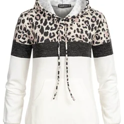 Cloud5ive Damen Colorblock Hoodie Mit Kängurutasche Leo Print Dunkel Grau Weiss