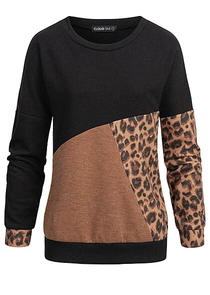 Cloud5ive Damen Colorblock Zig Zag Pullover Mit Leo Print Schwarz Braun 3 Cloud5ive Damen Colorblock Zig Zag Pullover Mit Leo Print Schwarz Braun