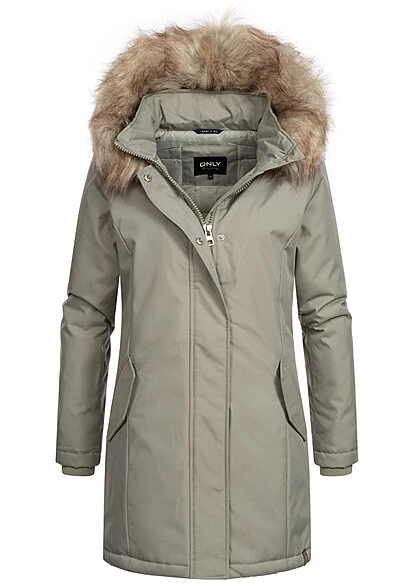 ONLY Damen Parka Mantel Jacke Mit Kunstfell-Kapuze 2-Pockets Shadow Grün 3 ONLY Damen Parka Mantel Jacke Mit Kunstfell-Kapuze 2-Pockets Shadow Grün