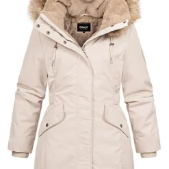 ONLY Damen Parka Mantel Jacke Mit Kunstfellkapuze Und 2-Pockets Pumice Stone Beige