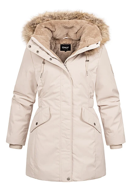 ONLY Damen Parka Mantel Jacke Mit Kunstfellkapuze Und 2-Pockets Pumice Stone Beige 3 ONLY Damen Parka Mantel Jacke Mit Kunstfellkapuze Und 2-Pockets Pumice Stone Beige