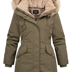 ONLY Damen Parka Mantel Jacke Mit Kunstfellkapuze Und 2-Pockets Olive Night Grün