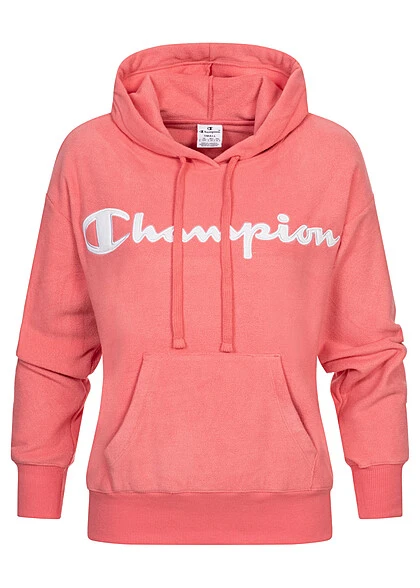 Champion Damen Fleece Hoodie Mit Logo Stickerei Und Kängurutasche Pink Weiss 3 Champion Damen Fleece Hoodie Mit Logo Stickerei Und Kängurutasche Pink Weiss