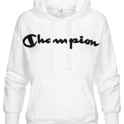 Champion Damen Fleece Hoodie Mit Logo Stickerei Und Kängurutasche Weiss Schwarz