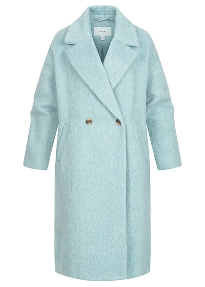 VILA Damen Longform Mantel Jacke 2-Pockets Knopfleiste Tourmaline Blau 3 VILA Damen Longform Mantel Jacke 2-Pockets Knopfleiste Tourmaline Blau