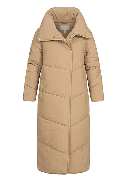 VILA Damen Longform Mantel Steppjacke Mit Knopfleiste 2-Pockets Sesame Braun 3 VILA Damen Longform Mantel Steppjacke Mit Knopfleiste 2-Pockets Sesame Braun