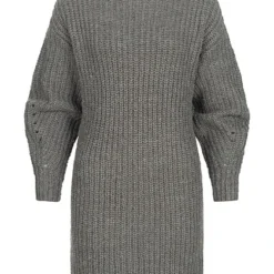 VILA Damen Langarm Strickkleid Ballonärmel Und Strukturstoff Medium Grau Melange