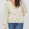 VILA Damen V-Neck Cardigan Strickjacke Mit Knopfleiste Natural Beige Melange