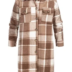 Cloud5ive Damen Shacket Hemd-Jacke Mit 2-Brusttaschen Kariert Braun Beige