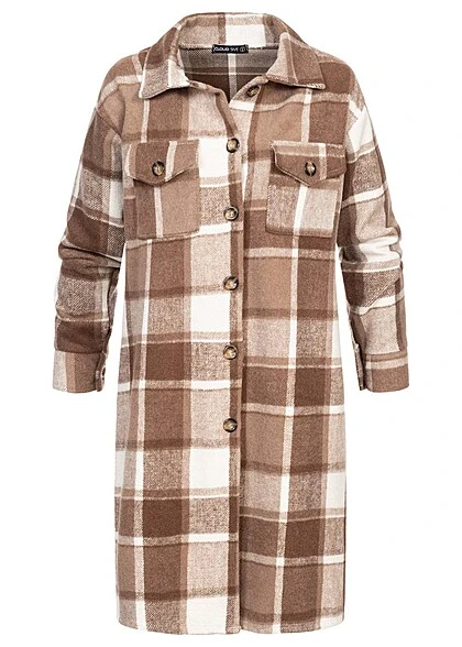Cloud5ive Damen Shacket Hemd-Jacke Mit 2-Brusttaschen Kariert Braun Beige 3 Cloud5ive Damen Shacket Hemd-Jacke Mit 2-Brusttaschen Kariert Braun Beige