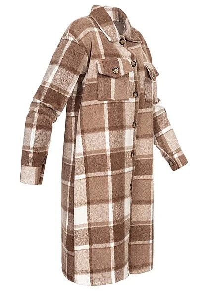 Cloud5ive Damen Shacket Hemd-Jacke Mit 2-Brusttaschen Kariert Braun Beige 4 Cloud5ive Damen Shacket Hemd-Jacke Mit 2-Brusttaschen Kariert Braun Beige – Bild 2