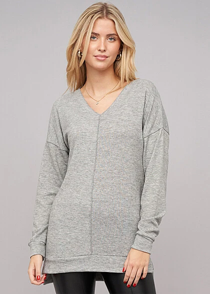 Cloud5ive Damen Oversized Sweater V-Neck Pullover Grau Melange 3 Cloud5ive Damen Oversized Sweater V-Neck Pullover Grau Melange