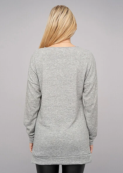 Cloud5ive Damen Oversized Sweater V-Neck Pullover Grau Melange 4 Cloud5ive Damen Oversized Sweater V-Neck Pullover Grau Melange – Bild 2