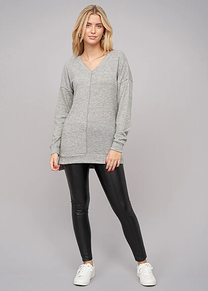 Cloud5ive Damen Oversized Sweater V-Neck Pullover Grau Melange 5 Cloud5ive Damen Oversized Sweater V-Neck Pullover Grau Melange – Bild 3