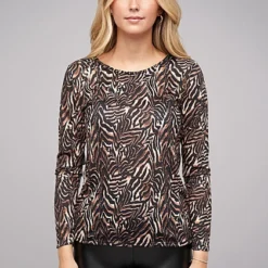 Cloud5ive Damen Langarm Shirt Longsleeve Mit Animal Print Schwarz Beige