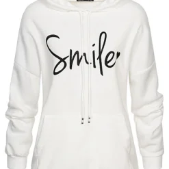 Cloud5ive Damen Hoodie Mit Kängurutasche Und Smile Print Weiss Schwarz