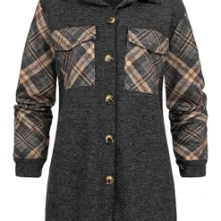 Cloud5ive Damen Shacket Hemd-Jacke Mit Knopfleiste Kariert Dunkel Grau Beige