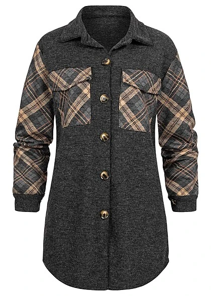 Cloud5ive Damen Shacket Hemd-Jacke Mit Knopfleiste Kariert Dunkel Grau Beige 3 Cloud5ive Damen Shacket Hemd-Jacke Mit Knopfleiste Kariert Dunkel Grau Beige