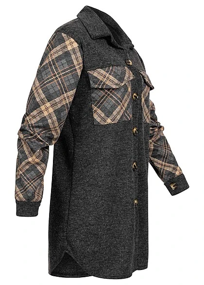 Cloud5ive Damen Shacket Hemd-Jacke Mit Knopfleiste Kariert Dunkel Grau Beige 4 Cloud5ive Damen Shacket Hemd-Jacke Mit Knopfleiste Kariert Dunkel Grau Beige – Bild 2