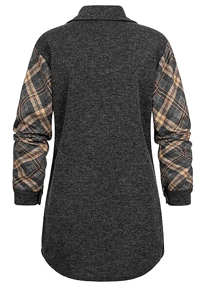 Cloud5ive Damen Shacket Hemd-Jacke Mit Knopfleiste Kariert Dunkel Grau Beige 5 Cloud5ive Damen Shacket Hemd-Jacke Mit Knopfleiste Kariert Dunkel Grau Beige – Bild 3