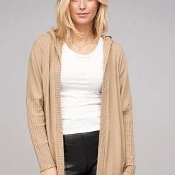 Cloud5ive Damen Cardigan Mit Offenem Schnitt Und Kapuze Beige