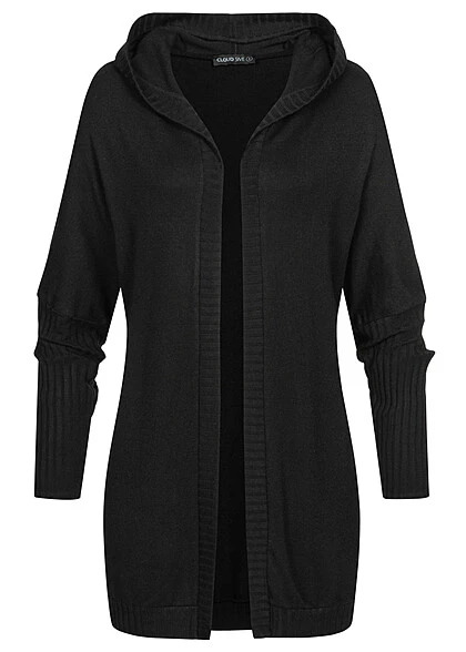 Cloud5ive Damen Cardigan Mit Offenem Schnitt Und Kapuze Schwarz 3 Cloud5ive Damen Cardigan Mit Offenem Schnitt Und Kapuze Schwarz