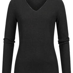 Cloud5ive Damen Langarm Shirt Longsleeve Mit Lurexeinsatz Und V-Neck Schwarz