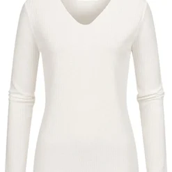 Cloud5ive Damen Langarm Shirt Longsleeve Mit Lurexeinsatz Und V-Neck Panna Cream Weiss