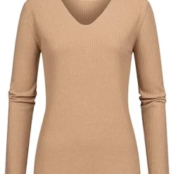 Cloud5ive Damen Langarm Shirt Longsleeve Mit Lurexeinsatz Und V-Neck Camel Braun