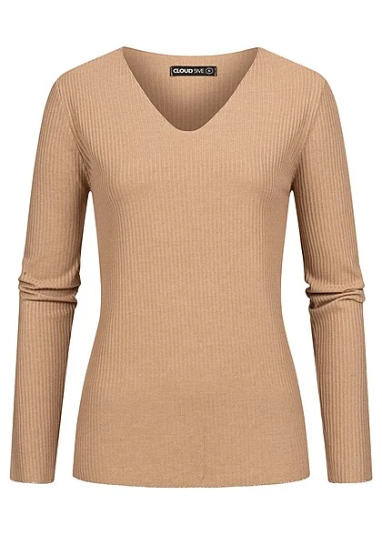 Cloud5ive Damen Langarm Shirt Longsleeve Mit Lurexeinsatz Und V-Neck Camel Braun 3 Cloud5ive Damen Langarm Shirt Longsleeve Mit Lurexeinsatz Und V-Neck Camel Braun