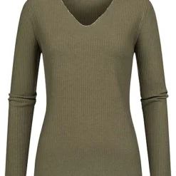 Cloud5ive Damen Langarm Shirt Longsleeve Mit Lurexeinsatz Und V-Neck Military Grün