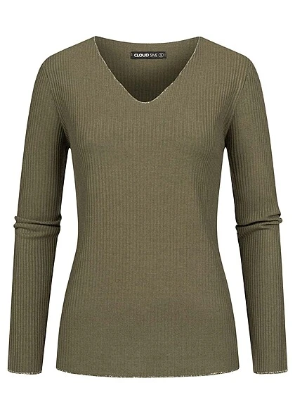 Cloud5ive Damen Langarm Shirt Longsleeve Mit Lurexeinsatz Und V-Neck Military Grün 3 Cloud5ive Damen Langarm Shirt Longsleeve Mit Lurexeinsatz Und V-Neck Military Grün