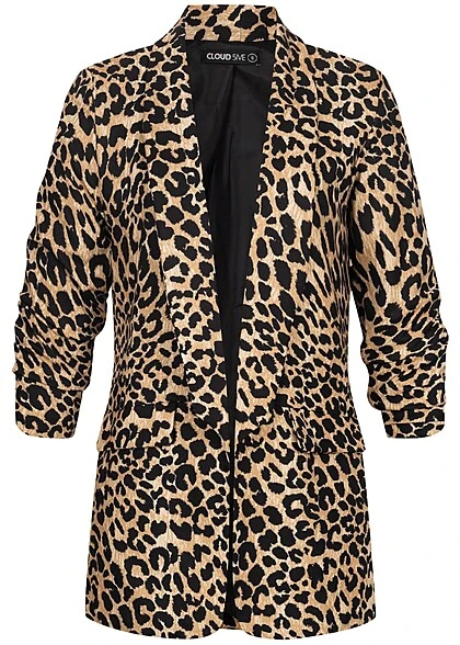 Cloud5ive Damen Blazer Mit 3/4 Ärmeln Und Leo-Print Beige Braun 3 Cloud5ive Damen Blazer Mit 3/4 Ärmeln Und Leo-Print Beige Braun