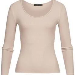 Cloud5ive Damen Langarm Shirt Strukturstoff M. Wellen Am Saum Beige