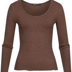 Cloud5ive Damen Langarm Shirt Strukturstoff M. Wellen Am Saum Braun