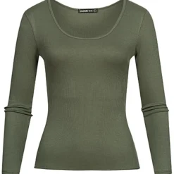 Cloud5ive Damen Langarm Shirt Strukturstoff M. Wellen Am Saum Military Grün