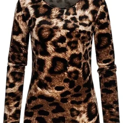 Cloud5ive Damen Langarm Samt Shirt Longsleeve Mit Leo Print Schwarz Beige