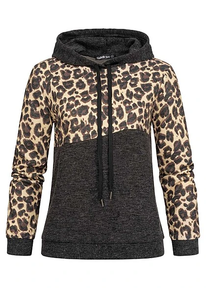 Cloud5ive Damen 2-Tone Hoodie Mit Leo Print Dunkel Grau 3 Cloud5ive Damen 2-Tone Hoodie Mit Leo Print Dunkel Grau