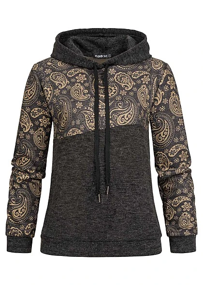 Cloud5ive Damen 2-Tone Hoodie Mit Paisley Print Dunkel Grau 3 Cloud5ive Damen 2-Tone Hoodie Mit Paisley Print Dunkel Grau