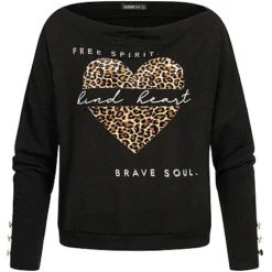 Cloud5ive Damen Sweater Pullover Mit Herz Leo Print Schwarz Beige