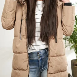 ONLY Damen Langer Winter Puffermantel Steppjacke Kapuze 4-Pockets Crockery Grau Braun