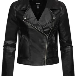 Vero Moda Damen NOOS Jacke Kunstleder Mit Zipper Asym. 2-Pockets Schwarz