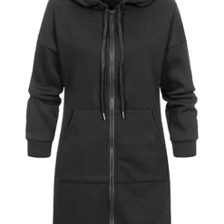 Cloud5ive Damen Zip-Hoodie Longform Kapuzenpullover Mit Zipper Schwarz