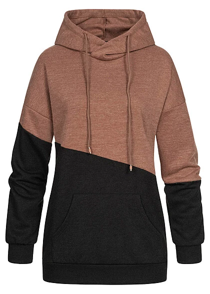 Cloud5ive Damen 2-Tone Hoodie Mit Kängurutasche Asymetrisch Braun Schwarz 3 Cloud5ive Damen 2-Tone Hoodie Mit Kängurutasche Asymetrisch Braun Schwarz