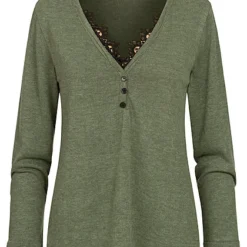 Cloud5ive Damen Longsleeve Sweater Mit Spitzeneinsatz Und Knopfleiste Grün Schwarz
