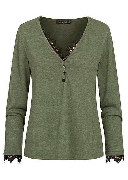 Cloud5ive Damen Longsleeve Sweater Mit Spitzeneinsatz Und Knopfleiste Grün Schwarz 3 Cloud5ive Damen Longsleeve Sweater Mit Spitzeneinsatz Und Knopfleiste Grün Schwarz