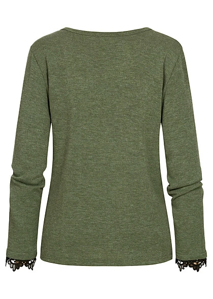 Cloud5ive Damen Longsleeve Sweater Mit Spitzeneinsatz Und Knopfleiste Grün Schwarz 4 Cloud5ive Damen Longsleeve Sweater Mit Spitzeneinsatz Und Knopfleiste Grün Schwarz – Bild 2