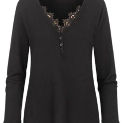 Cloud5ive Damen Longsleeve Sweater Mit Spitzeneinsatz Und Knopfleiste Schwarz