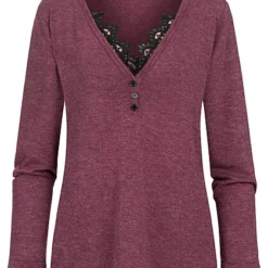 Cloud5ive Damen Longsleeve Sweater Mit Spitzeneinsatz Und Knopfleiste Rose Braun Schwarz