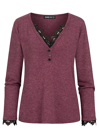 Cloud5ive Damen Longsleeve Sweater Mit Spitzeneinsatz Und Knopfleiste Rose Braun Schwarz 3 Cloud5ive Damen Longsleeve Sweater Mit Spitzeneinsatz Und Knopfleiste Rose Braun Schwarz